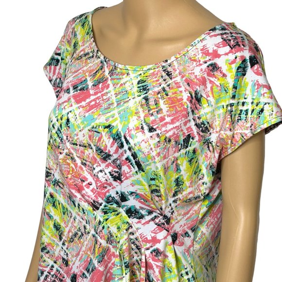 Relativity Womens L Stretch Multicolor Yellow Pink Cap Short Sleeve Shirt Blouse - Picture 6 of 11